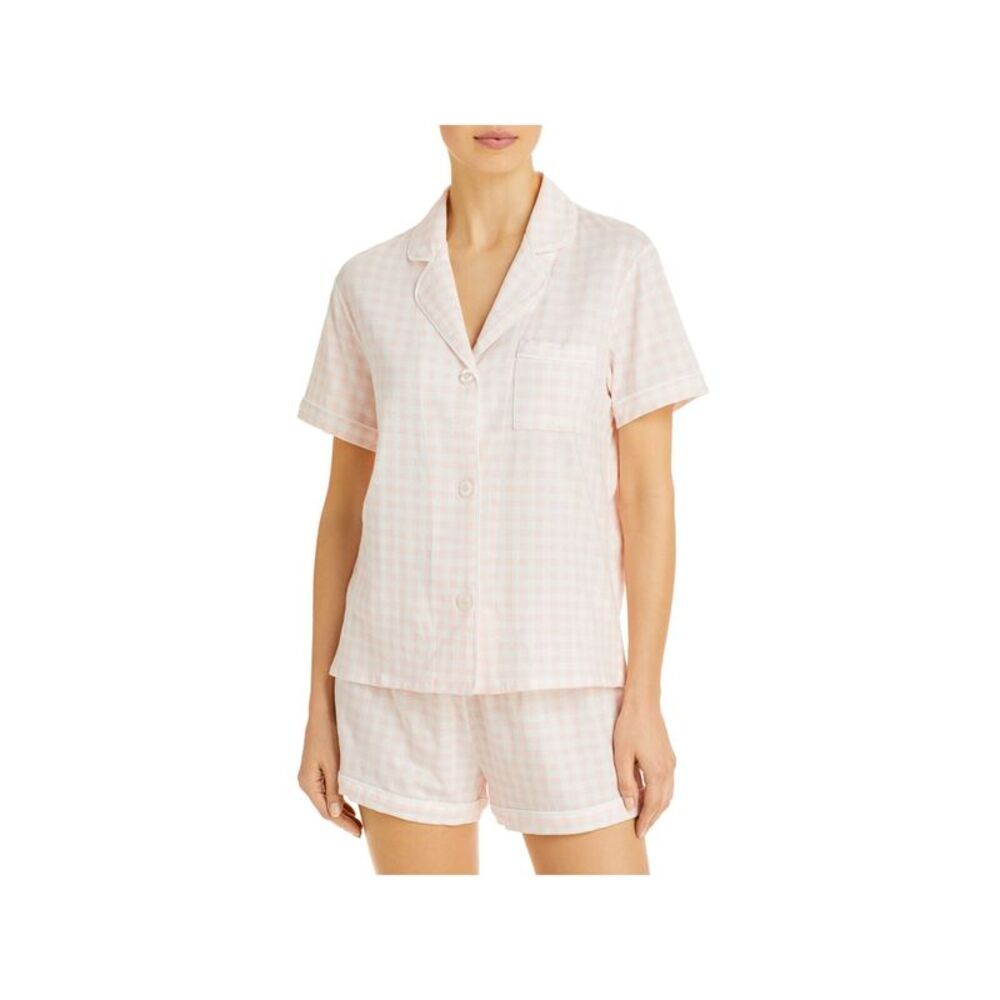 AQAQ Womens Pink Mini Grid Short Sleeve Top and Shorts Pajamas M